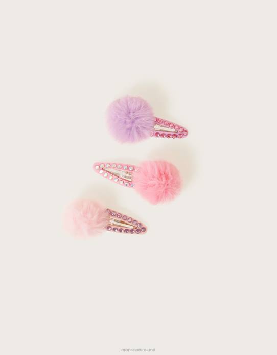 Monsoon Girl Mini Faux Fur Pom-Pom Hair Clips Set of Three 2Z2N2519 Accessory Hot