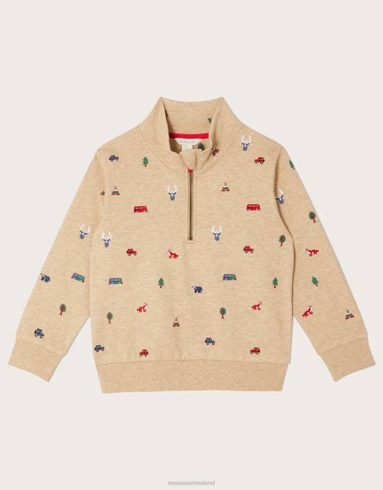 Monsoon Boy Embroidered Zip Collar Sweater 2Z2N2245 Clothing Natural (Stone)