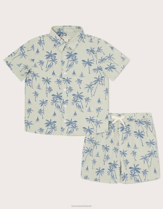 Monsoon Boy Palm Print Poplin Shirt and Shorts Set 2Z2N2755 Clothing Green