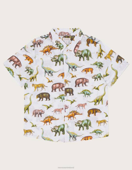 Monsoon Boy Safari Dinosaur Print Slub Shirt 2Z2N2282 Clothing Ivory