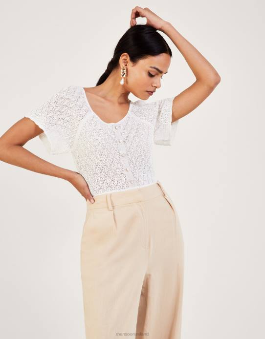 Monsoon Women Angel Sleeve Pointelle Top 2Z2N409 Clothing Ivory