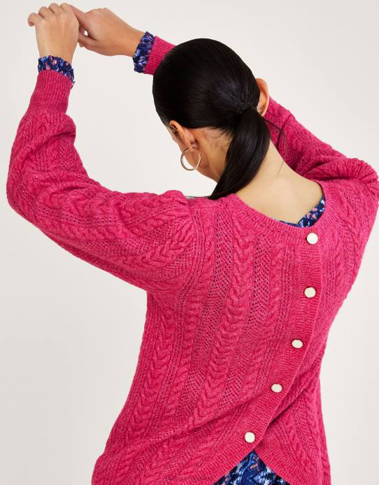 Monsoon Women Back Button Cable Jumper with Recycled Polyester 2Z2N988 Clothing Pink