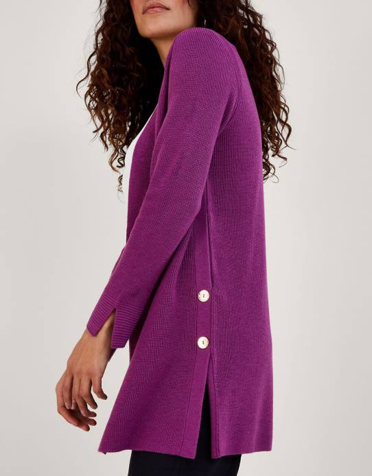 Monsoon Women Button Detail Ribbed Longline Cardigan 2Z2N903 Clothing VIOLET