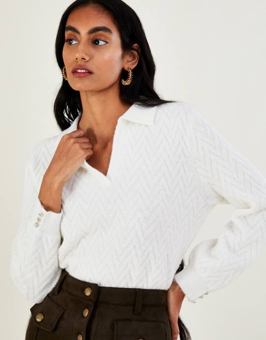 Monsoon Women Collar Cable Knit Jumper with Recycled Polyester 2Z2N1075 Clothing Ivory