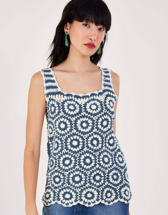 Monsoon Women Crochet Tank Top 2Z2N125 Clothing Blue