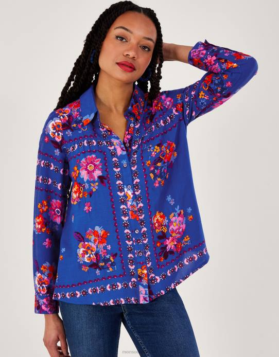 Monsoon Women Alina Floral Print Button Through Shirt in LENZING ECOVERO 2Z2N673 Clothing Blue