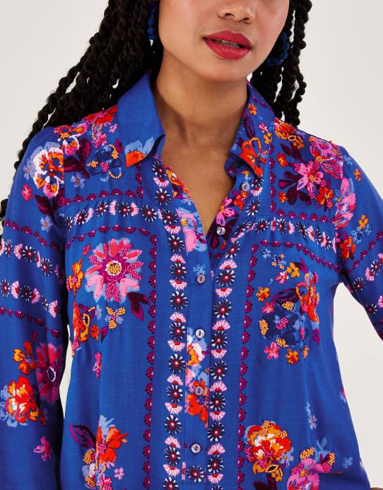 Monsoon Women Alina Floral Print Button Through Shirt in LENZING ECOVERO 2Z2N673 Clothing Blue
