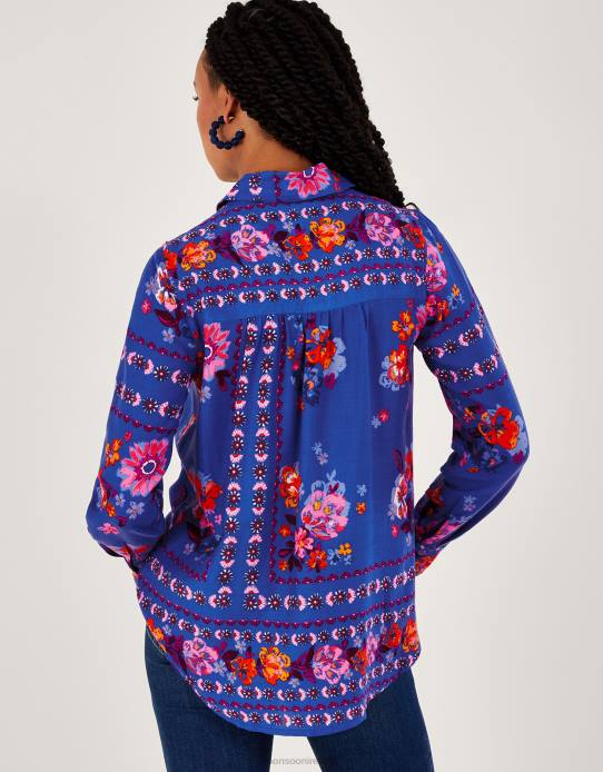 Monsoon Women Alina Floral Print Button Through Shirt in LENZING ECOVERO 2Z2N673 Clothing Blue