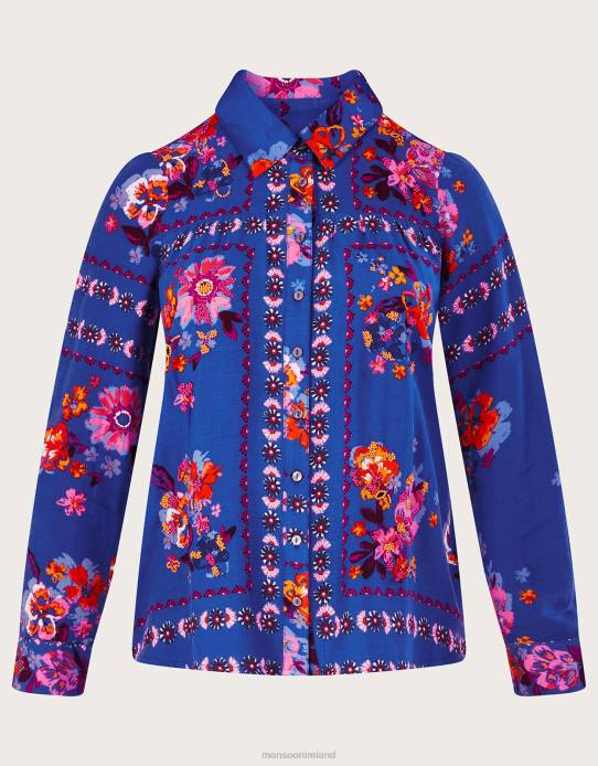 Monsoon Women Alina Floral Print Button Through Shirt in LENZING ECOVERO 2Z2N673 Clothing Blue