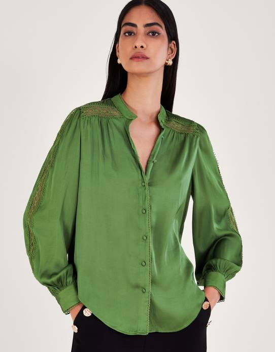 Monsoon Women Annaleigh Lace Insert Shirt 2Z2N161 Clothing Green