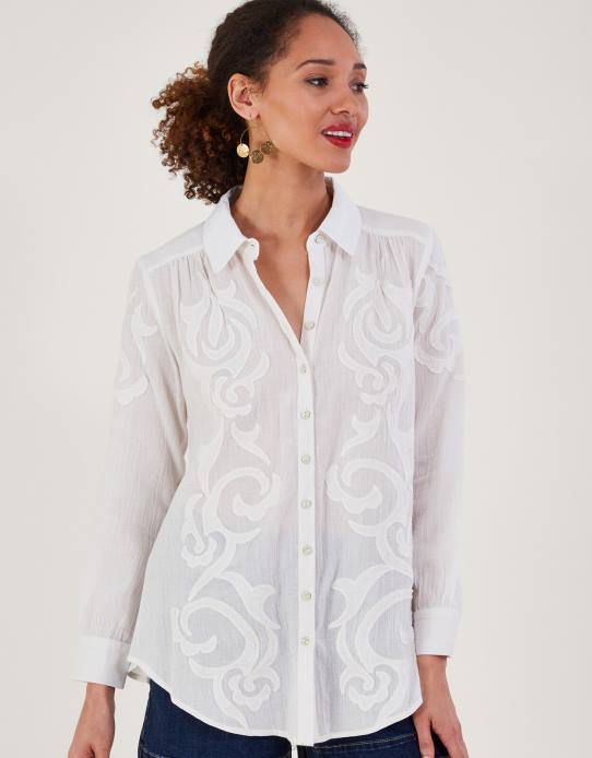 Monsoon Women Applique Detail Button-Through Blouse 2Z2N195 Clothing Ivory
