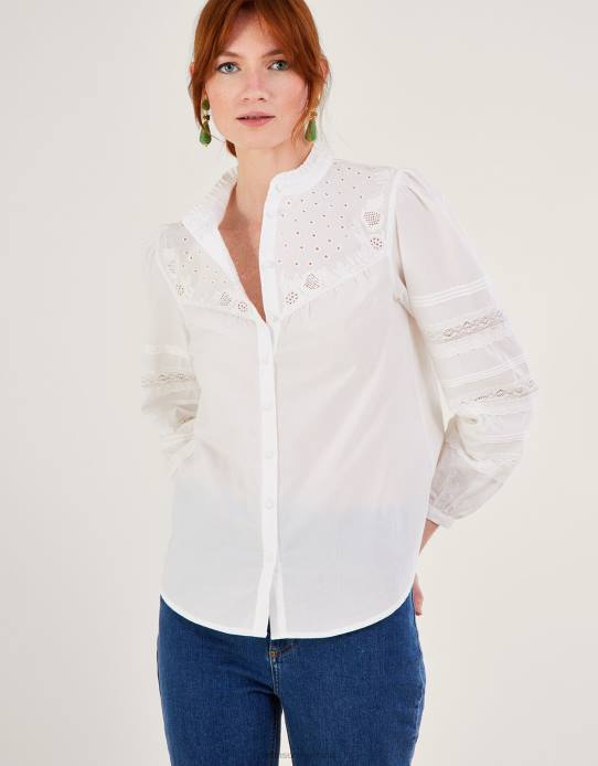 Monsoon Women Bronwyn Broderie Pintuck Embroidered Blouse 2Z2N122 Clothing White