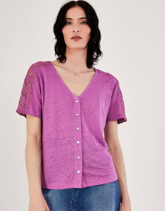 Monsoon Women Button Through Lace Linen T-Shirt 2Z2N85 Clothing Purple