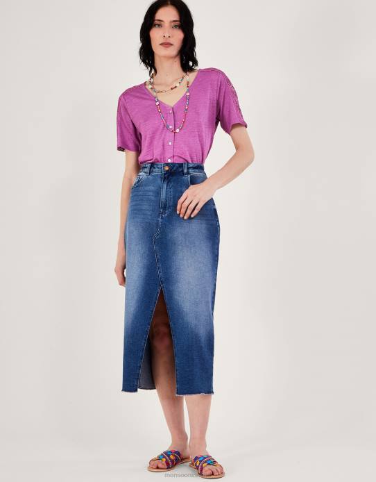 Monsoon Women Button Through Lace Linen T-Shirt 2Z2N85 Clothing Purple