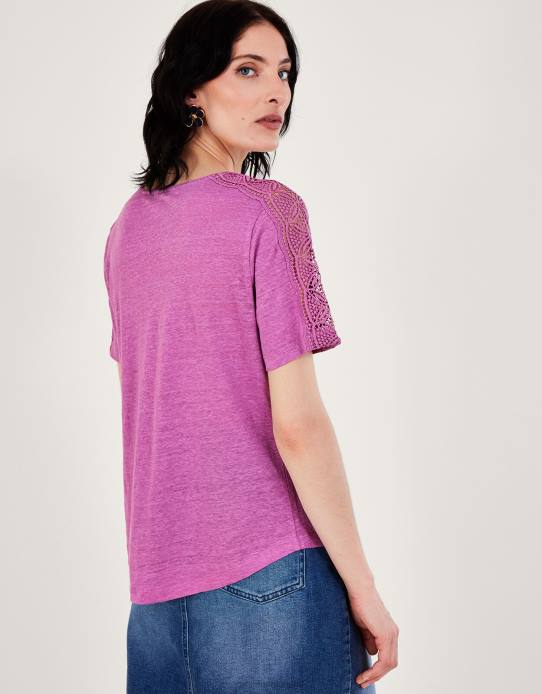 Monsoon Women Button Through Lace Linen T-Shirt 2Z2N85 Clothing Purple
