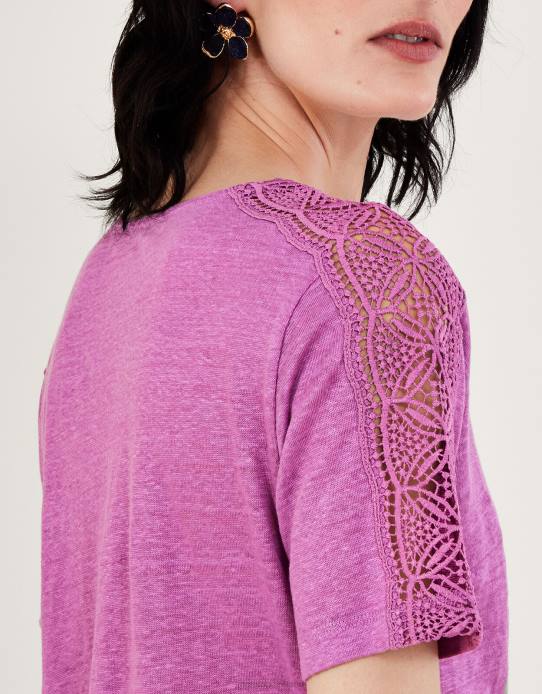 Monsoon Women Button Through Lace Linen T-Shirt 2Z2N85 Clothing Purple