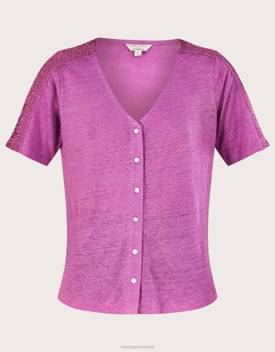 Monsoon Women Button Through Lace Linen T-Shirt 2Z2N85 Clothing Purple