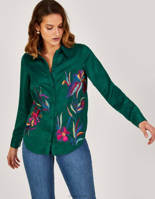Monsoon Women Constance Embroidered Satin Shirt in Recycled Polyester 2Z2N1041 Clothing Green