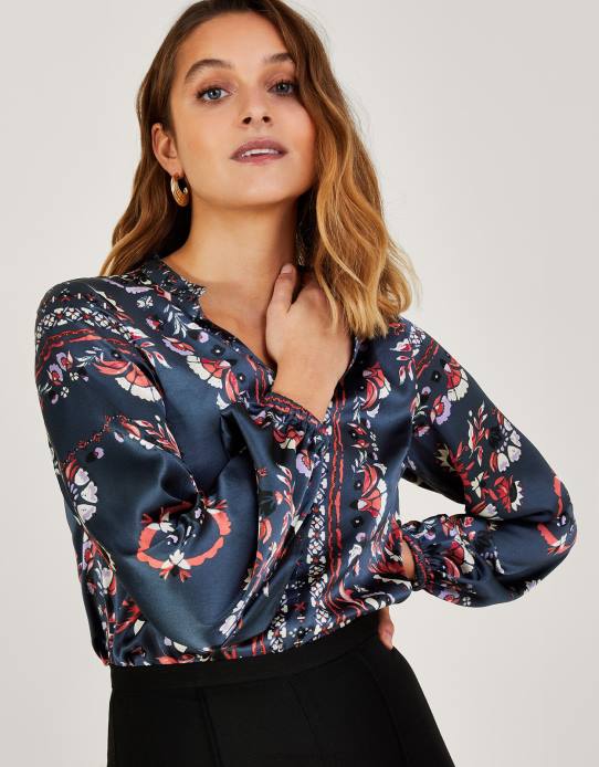 Monsoon Women Jamelia Scarf Print Blouse with Recycled Polyester 2Z2N801 Clothing Grey (Charcoal)