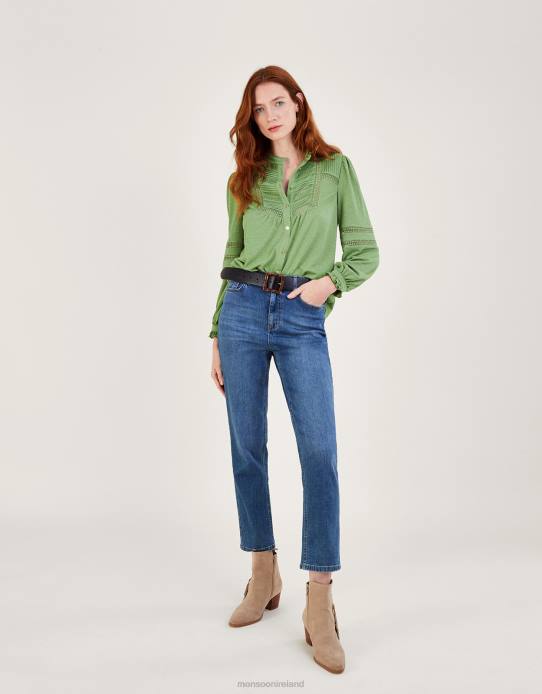 Monsoon Women Lace Insert Button Through Jersey Shirt 2Z2N450 Clothing Green