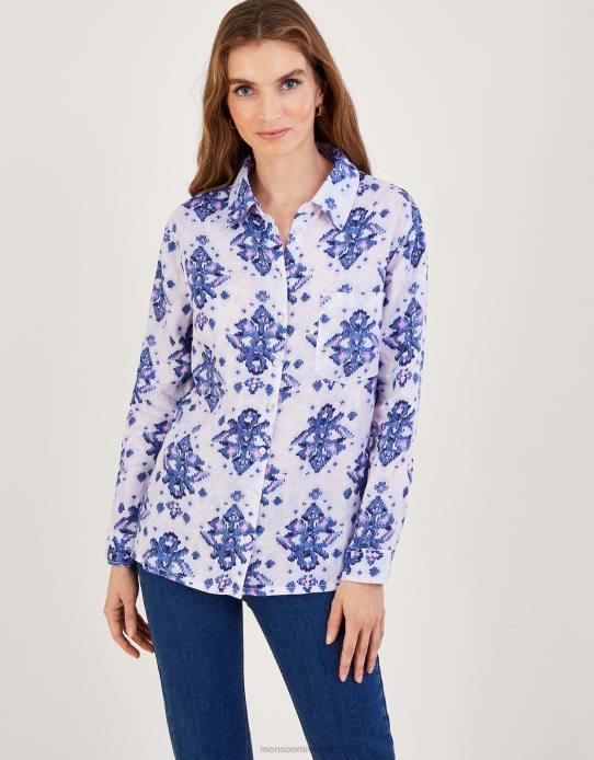 Monsoon Women Laurie Ikat Button Through Linen Shirt 2Z2N845 Clothing Blue