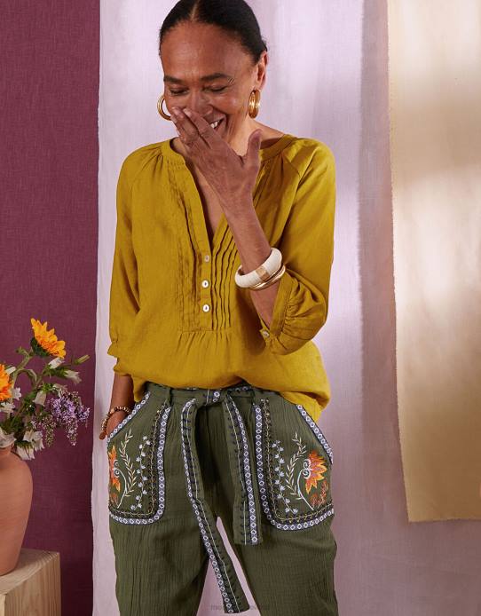 Monsoon Women Linen Pintuck Blouse 2Z2N1028 Clothing Green (Chartreuse)