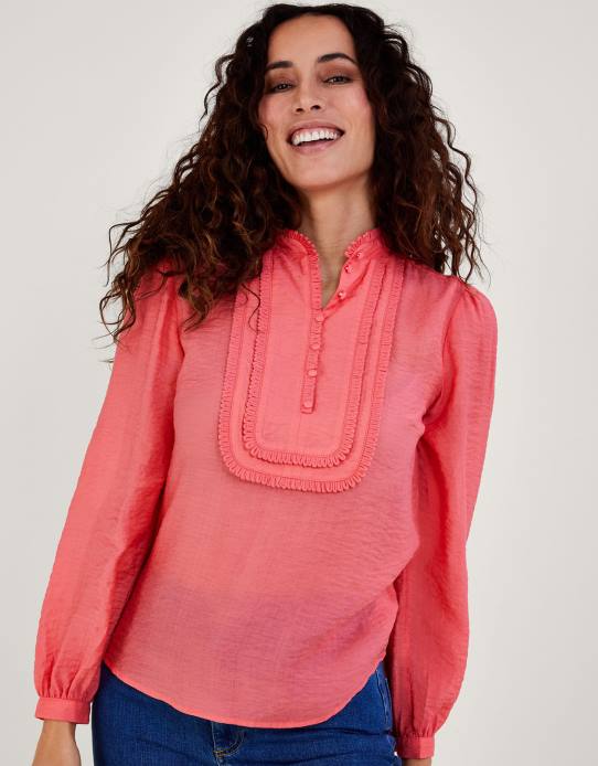 Monsoon Women Liz Textured Bib Plain Blouse 2Z2N593 Clothing Orange (Coral)