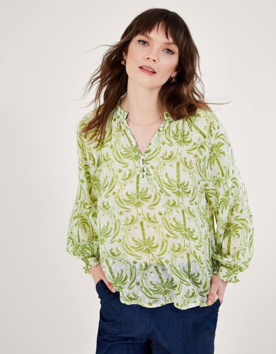 Monsoon Women Oriana Metallic Palm Print Blouse 2Z2N545 Clothing Ivory