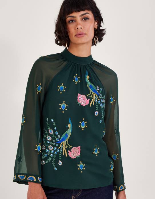 Monsoon Women Perla Peacock Embellished Blouse 2Z2N4 Clothing Green (Dark Green)