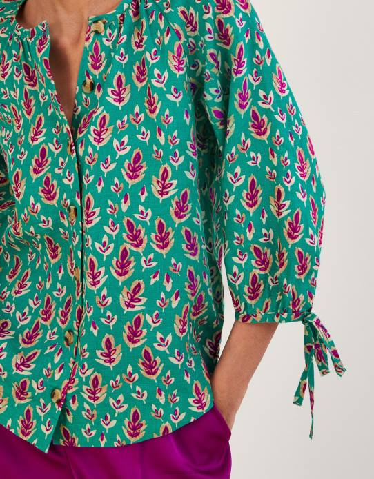 Monsoon Women Print Tie Cuff Button Through Linen Blouse 2Z2N772 Clothing Green