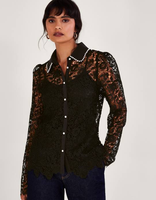 Monsoon Women Rose Lace Blouse 2Z2N31 Clothing Black