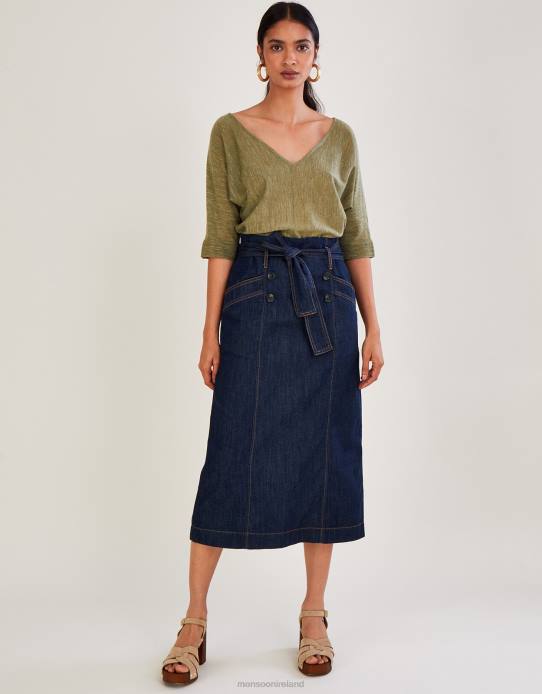 Monsoon Women Denim Belted Button Front Skirt 2Z2N1122 Clothing Blue (Indigo)