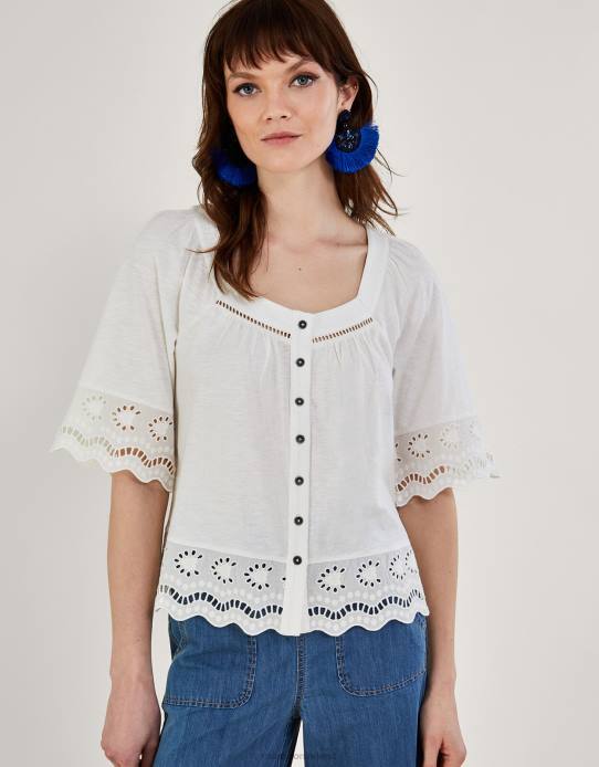 Monsoon Women Broderie Trim Button-Through Top 2Z2N215 Clothing Ivory