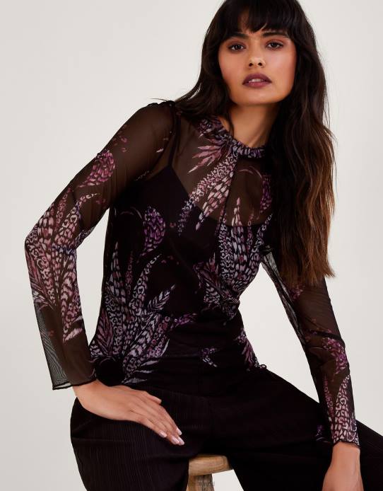 Monsoon Women Print Mesh Top 2Z2N45 Clothing Black