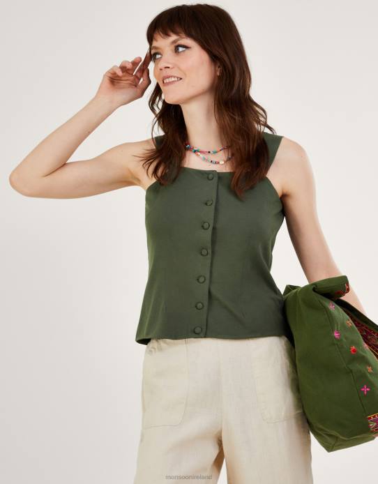 Monsoon Women Button-Through Cami Top 2Z2N149 Clothing Green (Khaki)