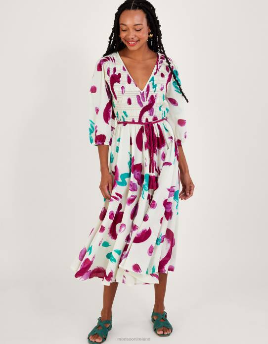 Monsoon Women Abstract Brushstroke Print Shirred Midi Dress in Sustainable Cotton 2Z2N824 Clothing Ivory