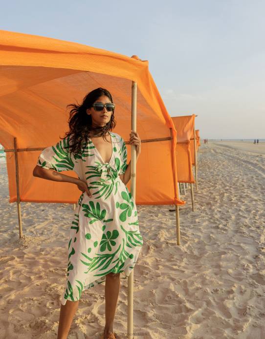 Monsoon Women Abstract Palm Print Tie Front Midi Dress 2Z2N710 Clothing Green