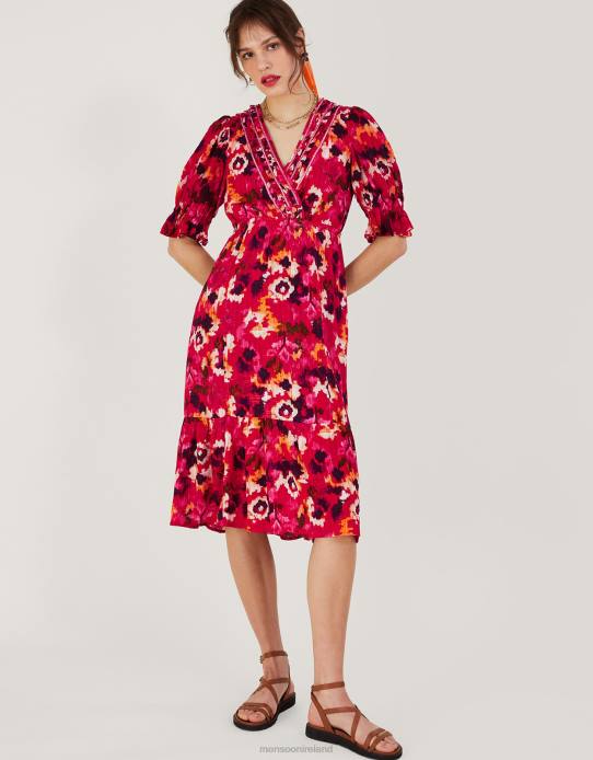 Monsoon Women Braided Neckline Print Midi Dress in LENZING ECOVERO 2Z2N490 Clothing Red
