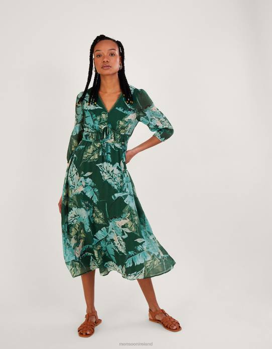Monsoon Women Clara Palm Print Tea Dress with LENZING ECOVERO 2Z2N1013 Clothing Green