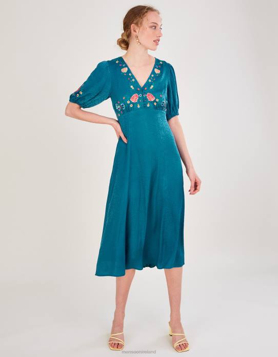 Monsoon Women Juliette Embroidered Jacquard Midi Dress in Recycled Polyester 2Z2N1104 Clothing Teal