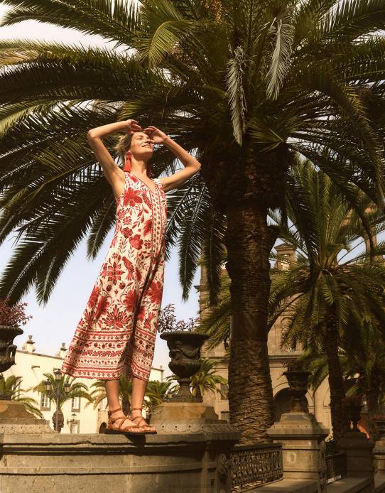 Monsoon Women Print Midi Dress in Linen Blend 2Z2N759 Clothing Red