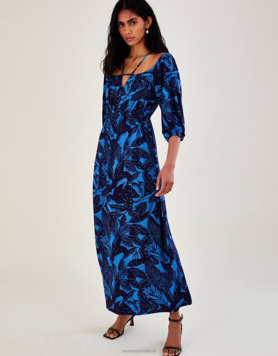 Monsoon Women Bardot Leaf Print Jersey Maxi Dress 2Z2N943 Clothing Blue
