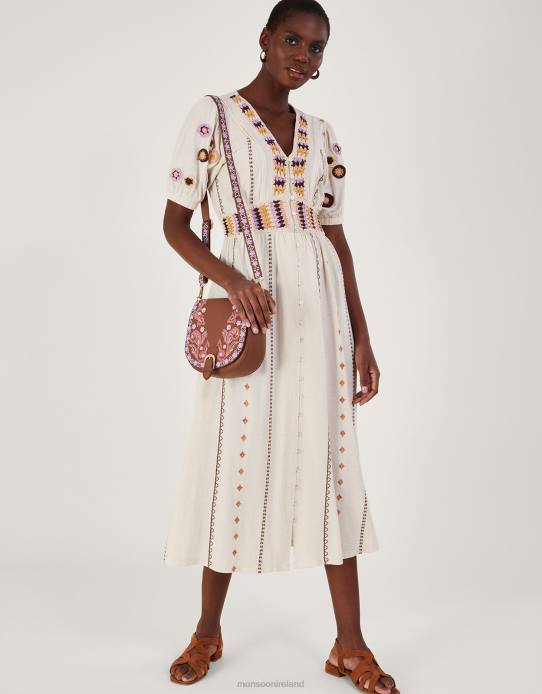 Monsoon Women Crochet Trim Midi Dress in Linen Blend 2Z2N494 Clothing Natural