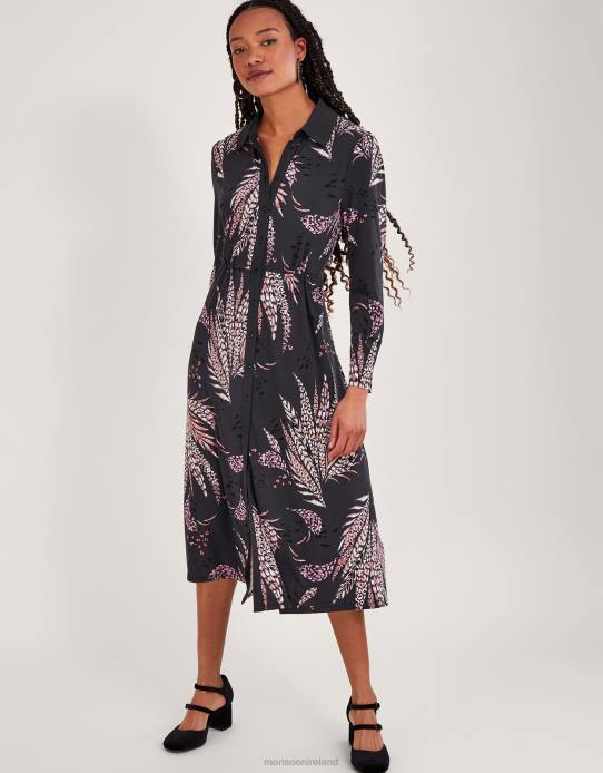 Monsoon Women Feather Print Shirt Dress 2Z2N58 Clothing Black