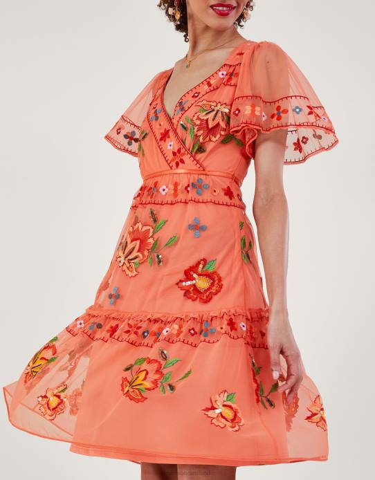 Monsoon Women Ana Embroidered Tiered Dress in Recycled Polyester 2Z2N916 Clothing Orange