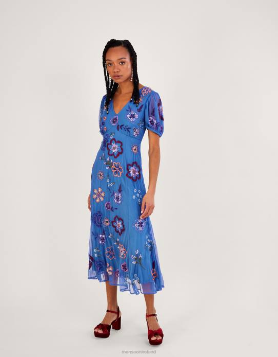 Monsoon Women Annie Embroidered Midi Dress in Recycled Polyester 2Z2N358 Clothing Blue