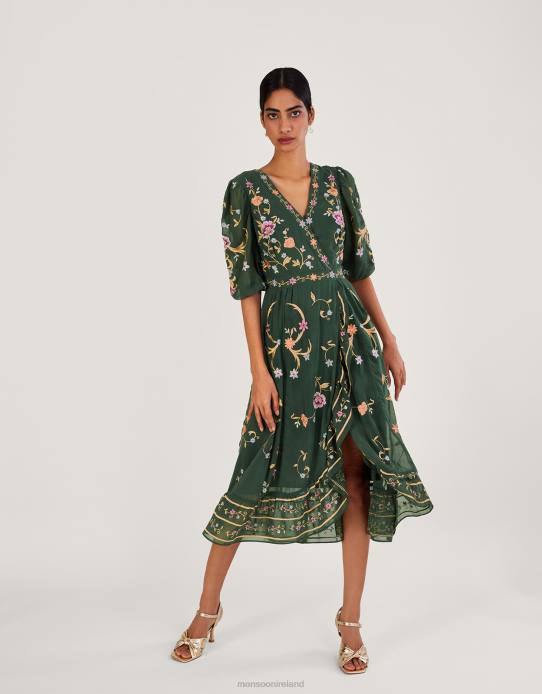 Monsoon Women Christel Embroidered Wrap Dress in Recycled Polyester 2Z2N1089 Clothing Green