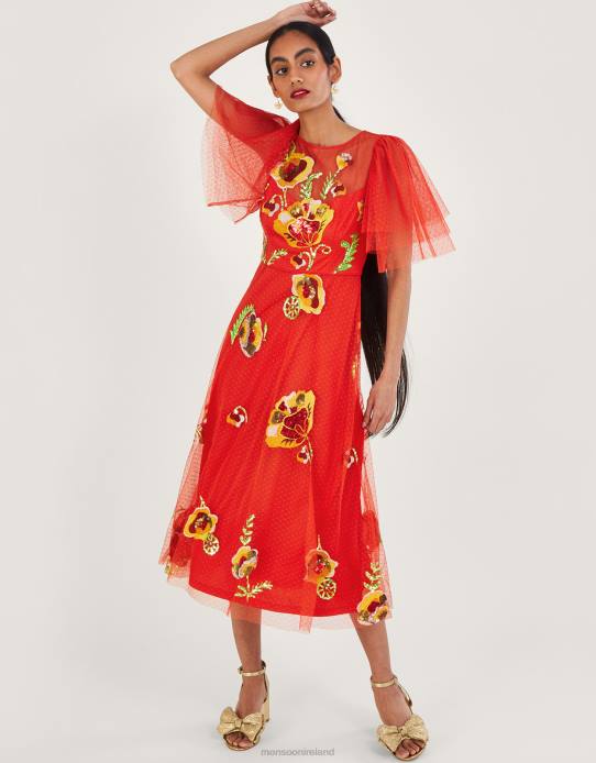 Monsoon Women Claudia Embellished Midi Dress 2Z2N764 Clothing Red
