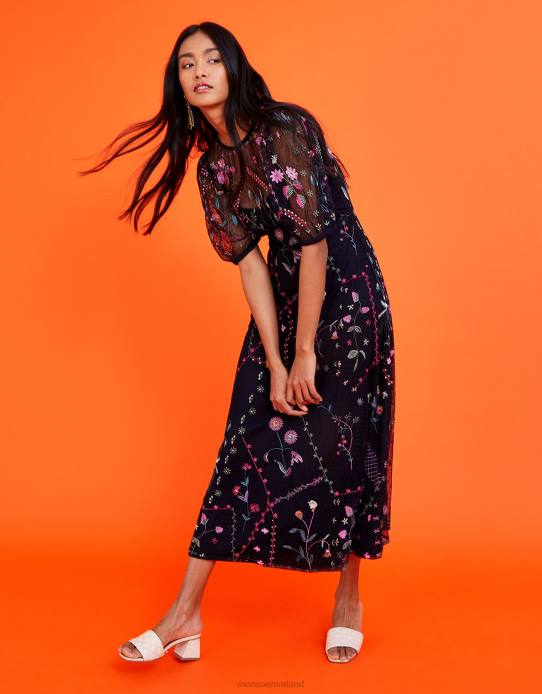 Monsoon Women Polly Embroidered Midi Dress 2Z2N1106 Clothing Blue (Navy)