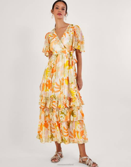 Monsoon Women Willow Metallic Print Wrap Dress with Sustainable Viscose 2Z2N175 Clothing Ivory